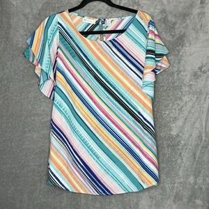 Rafaella Large Top Shirt Blue Orange Striped Flutter Short Sleeve Round Neck